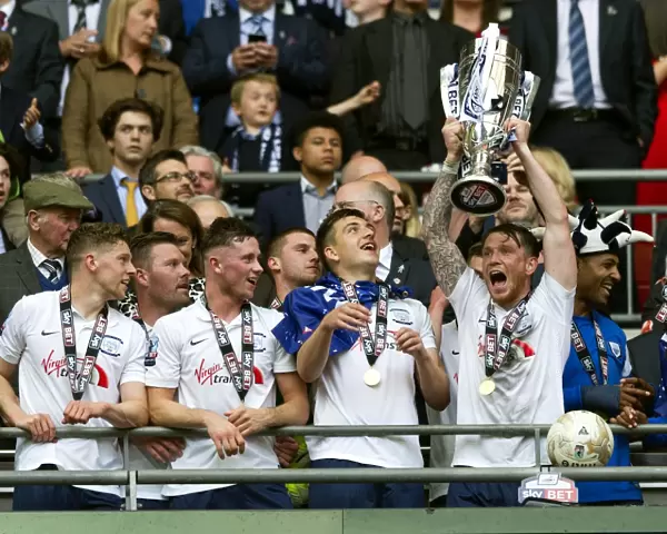 PNE Players Lift The Play-Off Final trophy At Wembley