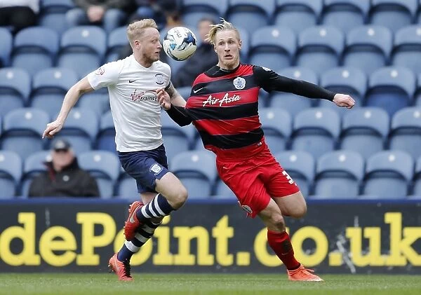 Clash between Polter and Clarke in Preston North End vs. Queens Park Rangers Championship Match