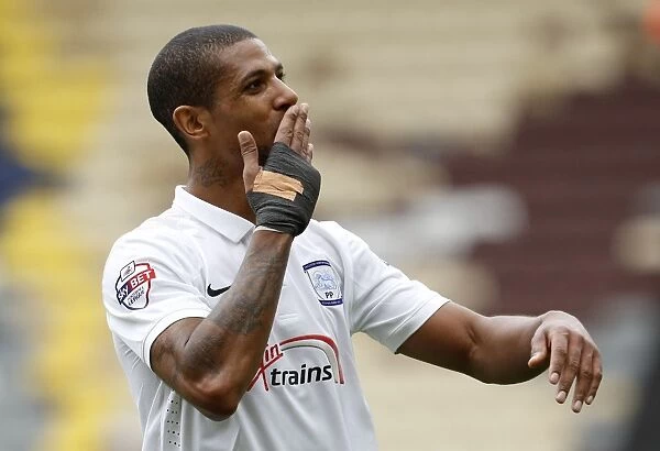 Preston North End's Jermaine Beckford Celebrates at Half Time during Sky Bet Football League One Play-Off Semi Final vs Chesterfield