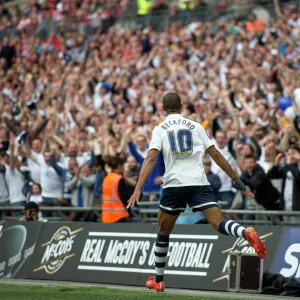 Jermaine Beckford Celebrates With PNE Fans At Wembley