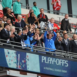 Preston North End: Promotion Celebration - Simon Grayson and Team Lift Sky Bet League One Play-Off Final Trophy at Wembley Stadium