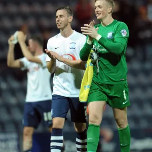 Preston North End's Marnick Vermijl and Jordan Pickford Celebrate Upset Win Over Watford in Capital One Cup